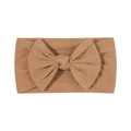 Brown nylon knit baby headband featuring a soft large bow on a plain white background - Deep Brown