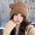Brown Fair Isle knit beanie with cute bear ears and ribbed texture for winter warmth - Bear Label-Coffee