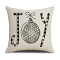 Christmas linen pillow cover with black buffalo plaid JOY text and gray festive ornament - Beige Background - JOY Plaid