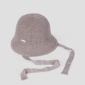 Detailed knit texture of crochet bucket hat with long ribbons in taupe beige - M(56-58cm) / Gray