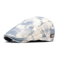 Vintage blue tie-dye flat cap in denim style with a decorative side leather patch - Grey Blue (Blue White Tie-Dye)