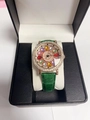 Reloj de mujer elegante con correa de cuero verde y esfera floral de gemas en caja de regalo - Cinturón / Verde