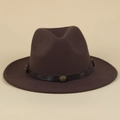 Detailed close-up of a brown fedora hat featuring a leather band with vintage metal buckles - M (56-58cm) / Coffee