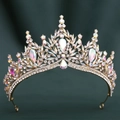 Detailed shot of golden crystal crown featuring iridescent teardrop gemstones and rhinestones - KC Gold White & White AB Rhinestone