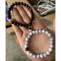 Matching magnetic couple bracelets with crown charms in black matte and white stone beads - White Turquoise Crown Heart