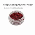 Macro shot of laser wine red holographic nail glitter mix in a clear bottle container - Laser Wine Red