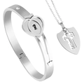 Silver interlocking heart lock bracelet and key pendant necklace set for couples - Double Heart Pendant / Steel