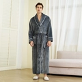 Men's long flannel bathrobe in dark grey with white piping and belted waist design - Elegant Grey (Men)