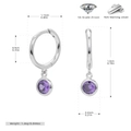 Detailed size specifications for S925 sterling silver hoop earrings with purple zircon - 925 Silver / February White Gold Plated (Purple Zirconia)