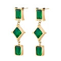 Elegant gold-plated drop earrings featuring emerald green crystals in geometric shapes - Green