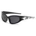 Cyberpunk Y2K black cat-eye sunglasses with triple silver star metallic details - Black Frame Grey Lens