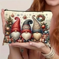 Christmas gnome print cosmetic bag with zipper closure shown in hand for size - Pattern 5/Three Gnomes Christmas