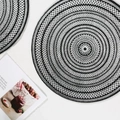 Round jute placemats with black and white geometric woven patterns and tassel edges - 38cm / Black Annual Ring