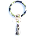 Camo pattern PU leather wristlet keychain with golden metal ring and tassel charm - Army Green Camo