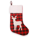 Weihnachtssocke mit rot-schwarzem Karomuster, weißem Pelzbesatz und Rentier-Motiv - Elch-Stil