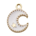 White enamel crescent moon charm with gold star and dotted edges for DIY jewelry - Moon 12x16mm