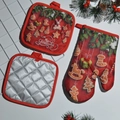 Red Merry Christmas oven mitt and pot holder set with festive gingerbread patterns - Hanging Small Gifts