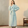 Thick light green plush long bathrobe for women with contrast white piping and belt - Tender Green (Women)