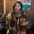 Thick Maillard style plaid scarf with tassels in yellow and brown checked pattern - Maillard