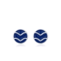 S925 sterling silver round stud earrings featuring dark blue enamel waves and silver edge - Wave Pattern / Blue