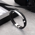 Men's multilayer black braided leather bracelet with a polished stainless steel metal plate - Silver Metal Plate