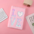 Pink plush cat notebook detail featuring shiny LOVE sequins and a leopard heart patch - Pink LOVE / 15*21cm