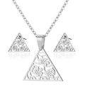 Polished stainless steel jewelry set featuring hollow flower triangle pendants and earrings - Triangle Floral / Steel