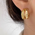 Golden double-layer hoop earrings with intertwined smooth and woven textured bands - Gold Double Layer Ear Buckle
