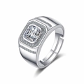 Silver adjustable men's ring with square zircon stone and micro-pave accents - Square Diamond Ring Ljz-98 / Adjustable Open