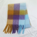 Plaid mohair scarf with fringes in yellow, brown, purple and light blue checks - Style 38 Navy Bird Print