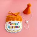 Close-up of orange and white knitted pet birthday bib with colorful embroidery and matching hat - Orange Birthday Set