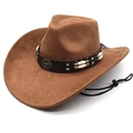 Classic brown suede cowboy hat with vintage bull head emblem and adjustable chin strap - M (56-58cm) / Khaki