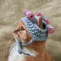 Handmade crochet grey pet hat with pink hair rollers for cats and small dogs - Gray