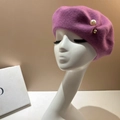 Detail of purple wool beret with white pearl and golden metal bead embellishments - M (56-58cm) / Pink Purple