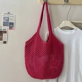 Pink large capacity cotton woven tote bag with hollow design for beach vacations - Rose Red
