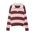 Women's striped knit POLO sweater with long sleeves in pink and brown color block - S / Pink Light Brown