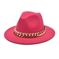 Close-up of a rose red wool fedora hat featuring a bold gold chain link decoration - M (56-58cm) / Rose Red