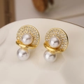 Elegant gold earrings with micro-paved zircons and white pearls on white plate - Gold Plated Zirconia Pearl