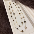 Vintage layered necklace with tiger eye beads and champagne pearls on a plush surface - Champagne Pearl Vintage Sweater Chain / 69# Coffee