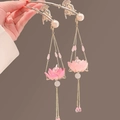 Ancient style hair pin with glowing pink lotus flower tassels and white pearls decoration - Pink