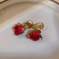 Vintage style earrings with golden metal disc and elegant red rosebud drop pendant - 2# Silver Earring Post - Red Rose Style