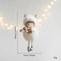 Detail showing dimensions of white plush Christmas angel girl with wooden snowflake and reindeer antlers - White Snowflake Style / White