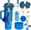 Blue glitter bow accessories set for tumbler with straw cover and fluffy pompom keychain - Blue