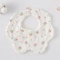 Petal-shaped cotton baby bib featuring vintage red rose floral pattern and snap buttons - Gauze Flower Band - White Background With Roses