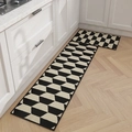 Nordic kitchen mat set with black and beige geometric pattern on wooden floor - 45x180cm / Villa Geometric Pattern