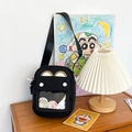 Simpatica borsa a tracolla in tela nera con finestra in PVC trasparente e badge orso - Nero