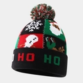 Detailed close-up of knit Christmas beanie featuring festive snowflakes and Santa patterns - Red Green Contrast Mixed Color Pom Pom Style (2#款)