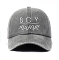 Detailed close-up of white BOY mama embroidery on washed gray cotton baseball cap - Adjustable / Dark Gray