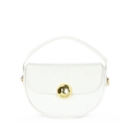 White semi-round crocodile texture handbag with prominent gold circular metal clasp - Off White