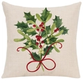 Christmas pillow cover with watercolor holly leaves and red bow on beige linen - 45*45cm (No Insert) / Style-20 (Mistletoe with Bow)